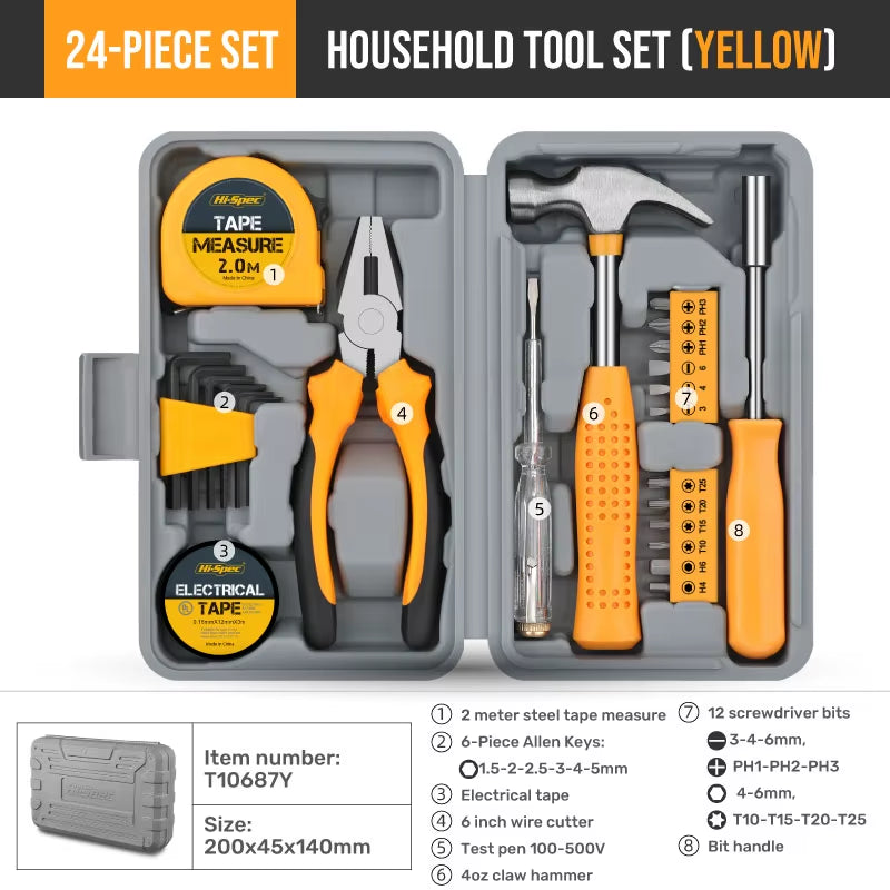 24-Piece Compact Home & Office DIY Hand Tool Kit Set for Household Improvement Repairs